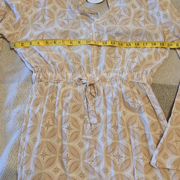 Boho Cream Tan And Pink  Geometric Long Sleeve Lightweight Dress Bell Sleeves - Picture 5 of 8